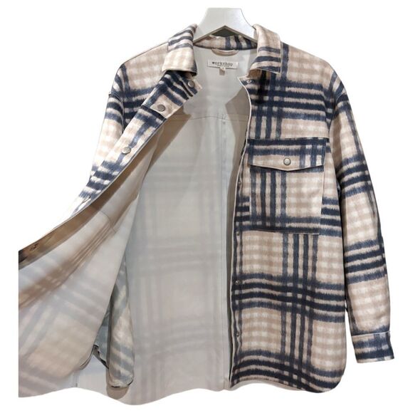 Workshop Republic Clothing Oversized Cream & Blue Plaid Faux Leather Shacket S - Picture 4 of 9